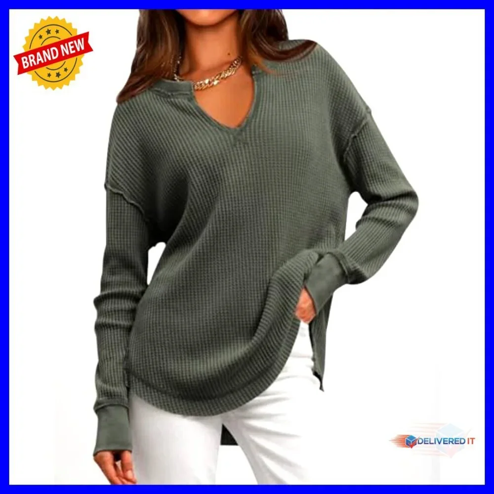 Waffle Knit Long Sleeve Tunic Top Loose Fit V-Neck Casual Dressy - Picture 3 of 7